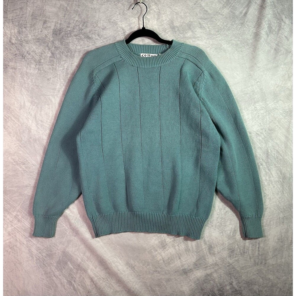 Vtg 90s Cotton Traders Cotton Vertical Rib Knit Grandpa Crewneck Sweater Large